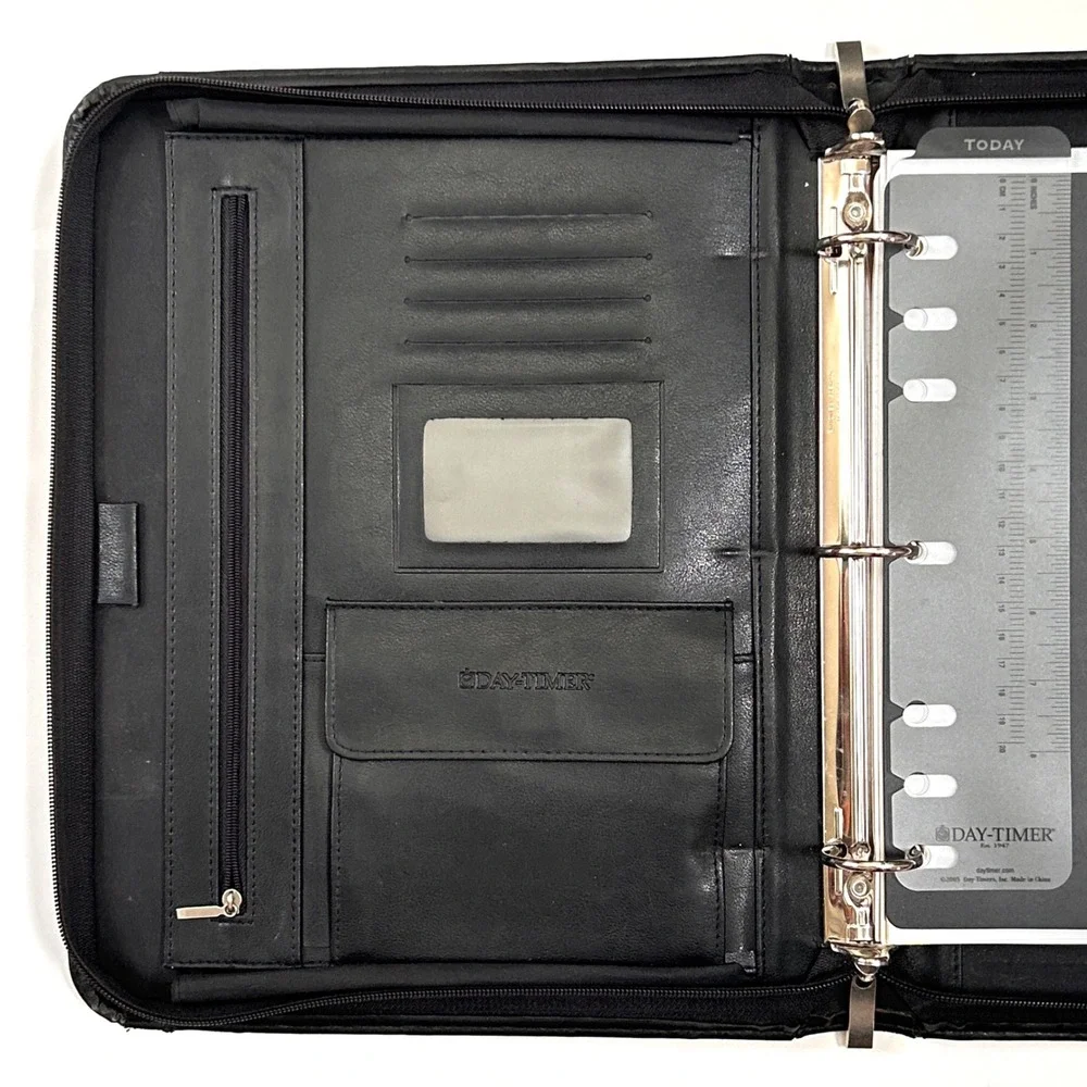 VTG 90s Day-Timer Leather 3 Ring Planner Folio Briefcase Hideaway‎ Handles Black